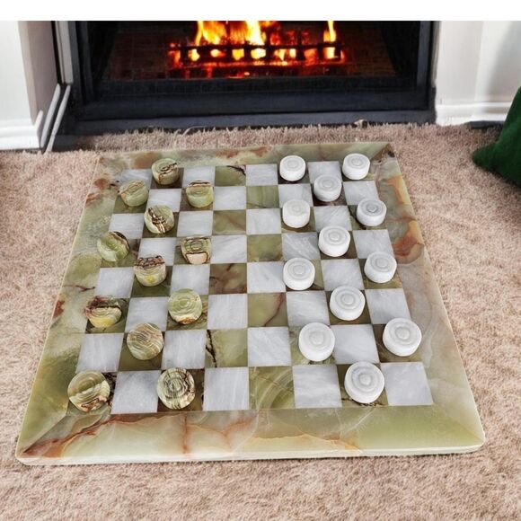Onyx green checkers set, handmade checker game for birthday, valentine gift, New - Picture 1 of 10